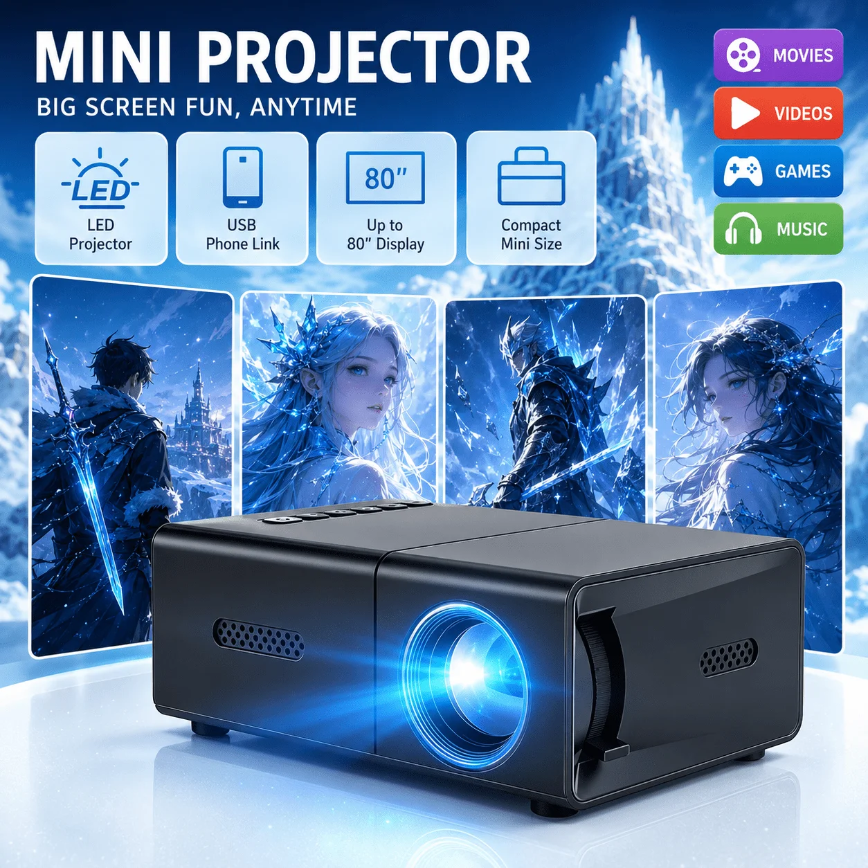 Video Home Cinema - Mini portable projector, compatible with home